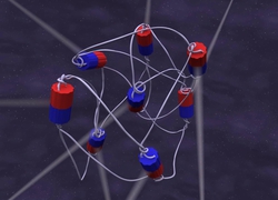 Machines moléculaires rotatives (en rouge et bleu) enroulant les chaines polymères d’un matériau actif sous irradiation lumineuse